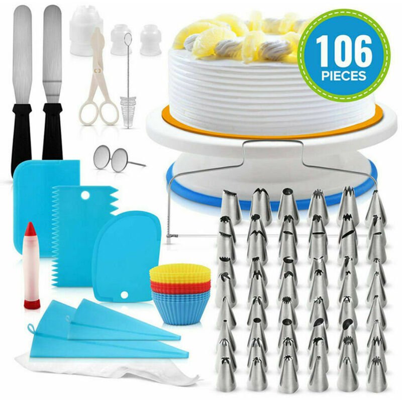 106 piezas Kit de suministros de decoracion de pasteles para hornear Fondant Juego de herramientas Tocadiscos Bolsa de tuberia Punta Pluma Espatula barato