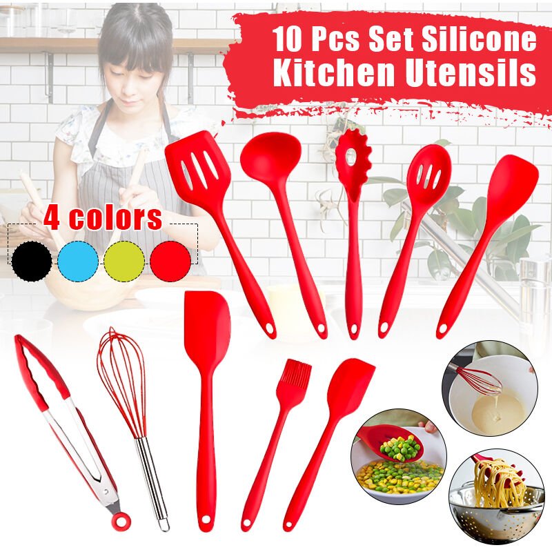 10pcs Herramientas de cocina de silicona BBQ Herramienta de cuchara de cocina resistente al calor (Rojo