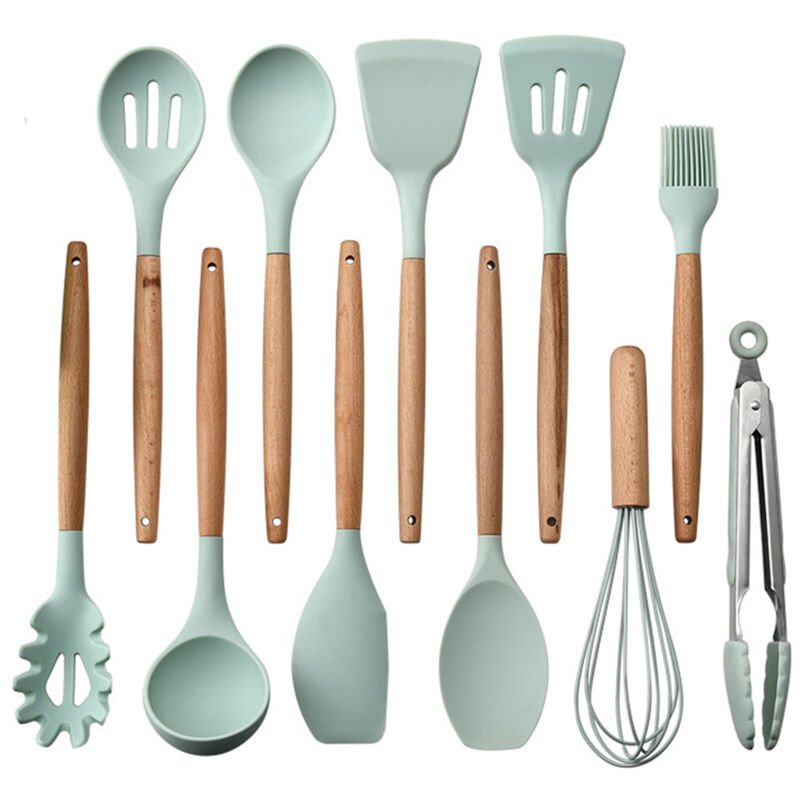 11PCS Utensilios de Cocina Utensilios de cocina Utensilios de cocina de silicona Set Conjunto de utensilios de mango de madera