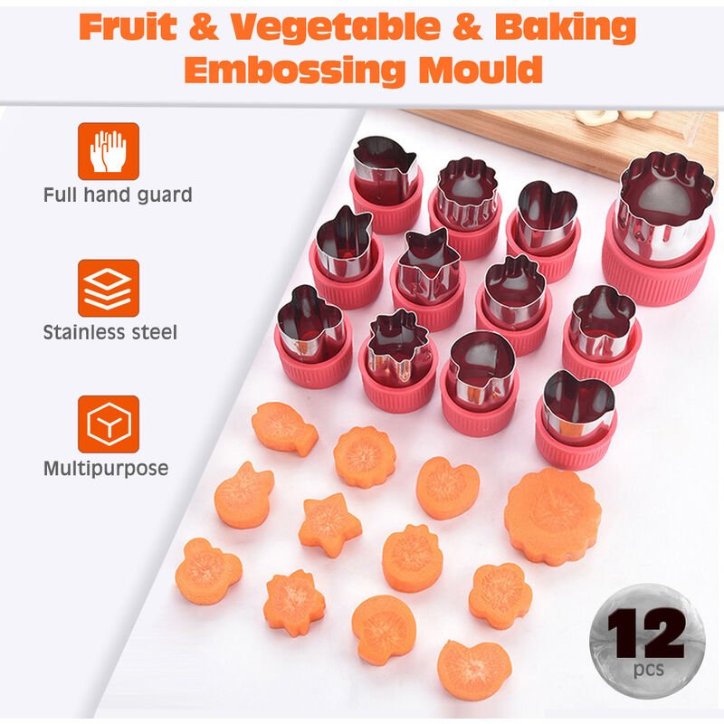 12 unids / set molde de grabado en relieve molde de corte de galletas vegetal fruta Fondant pastel molde de embolo de galleta herramientas de corte barato