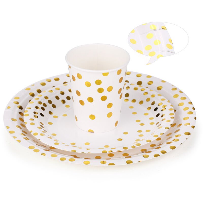 30 vasos de papel de 9 oz + 30 platos de 7 '+ 30 platos de 9' Juego de 90 vasos y vajilla desechables con platos redondos de lunares dorados Vasos de barato