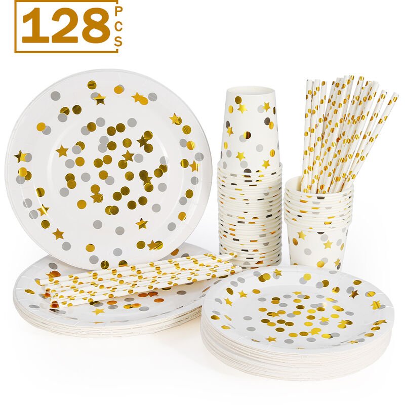 32 porciones Vaso de papel desechable Bandeja de papel Juego de cubiertos de papel de paja Star Dots Bronceado Juego de vajilla para eventos de bodas barato