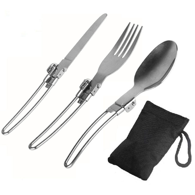 3PCS Cuchillo plegable Tenedor Cuchara Juego de cubiertos plegable Juego de cubiertos de acero inoxidable para acampar para viajes Trekking barato