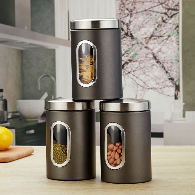 3pcs / set Contenedor de almacenamiento de alimentos Juego de almacenamiento de alimentos con tapas Tanque de almacenamiento de granos con ventana de barato