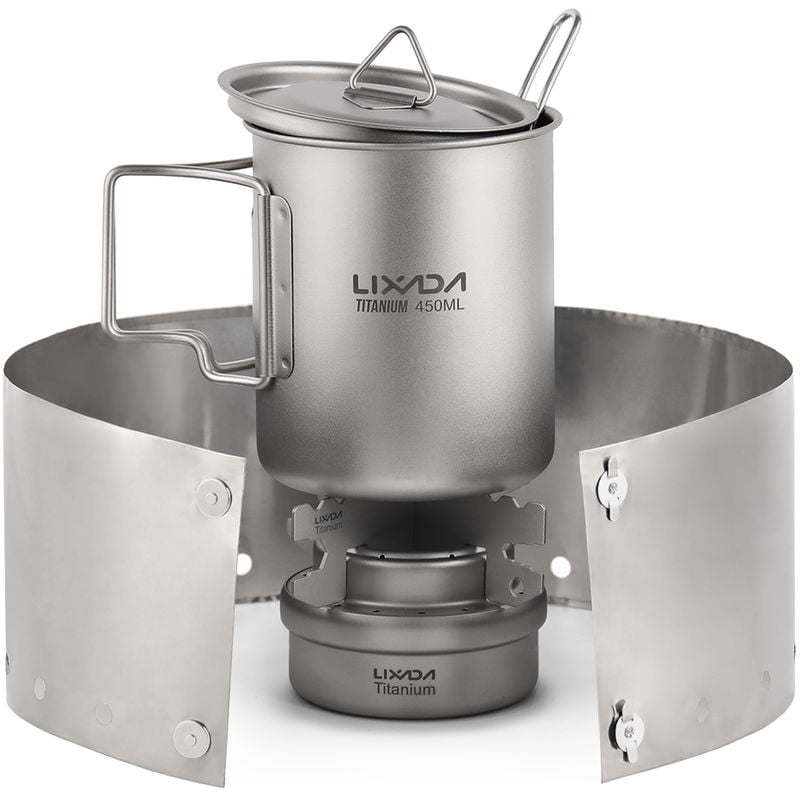 5pcs acampar al aire libre Juego de utensilios de 450 ml taza de agua alcohol Estufa Cruz estante plegable con soporte de parabrisas y Spork barato