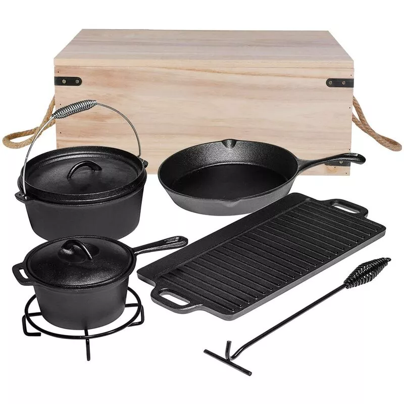7 Piezas Dutch Oven Set Con Horno Holandés (3.8L), Parrilla, Cacerola, Sartén, Posavasos, Elevador De Tapa Y Caja De Madera, Para Barbacoa, Cocción, En Oferta 7 Piezas Dutch Oven Set Con Horno Holandés (3.8L)