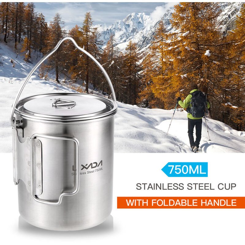 750 ml olla de acero inoxidable taza de agua portatil con tapa y asa plegable para acampar al aire libre