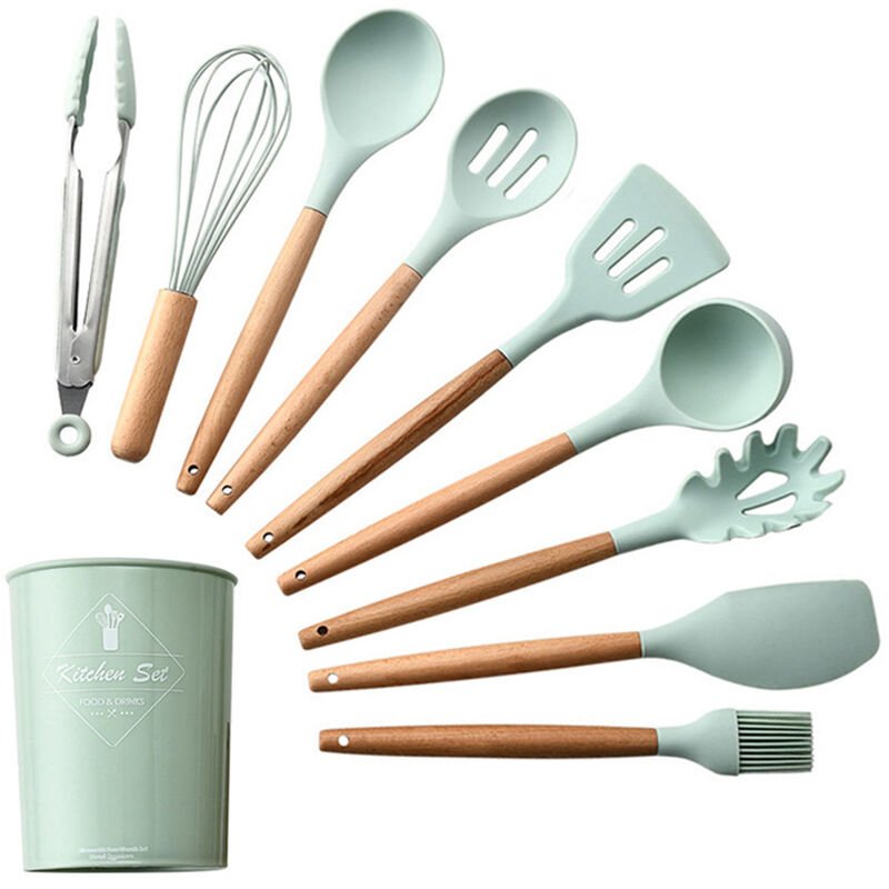 9PCS Utensilios de Cocina Utensilios de cocina Utensilios de cocina de silicona Set Conjunto de utensilios de mango de madera
