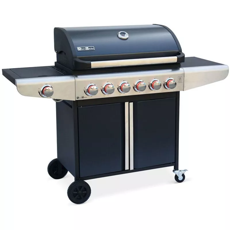 Alice'S Garden - Barbacoa A Gas - Cocina Exterior 6 Quemadores + 1 Fogón Lateral Con Estantes Y Termómetro, Almacenamiento Y Ruedas - Bazin 6 En Oferta Alice'S Garden - Barbacoa A Gas - Cocina Exterior 6 Quemadores + 1 Fogón Lateral Con Estantes Y Termómetro