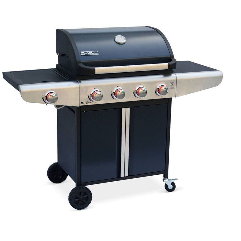 Alice's Garden - Barbacoa de gas - Bazin 4 Gris antracita - Cocina exterior 4 quemadores + 1 fogón lateral con tablas y termómetro