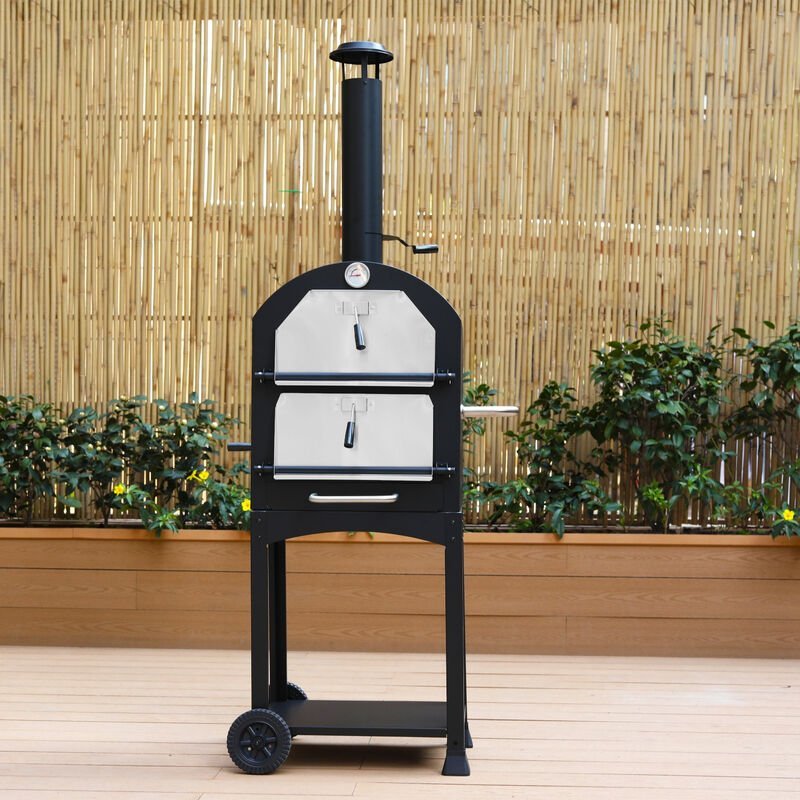 Alice's Garden - Horno de exterior para pizza con carbón multifunción - Calzone - piedra para cocinar ruedas pala y funda - Negro barato