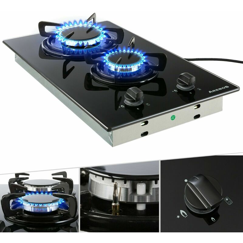 Arebos - placa de gas de 2 fogones | Apta para gas natural y propano - negro barato