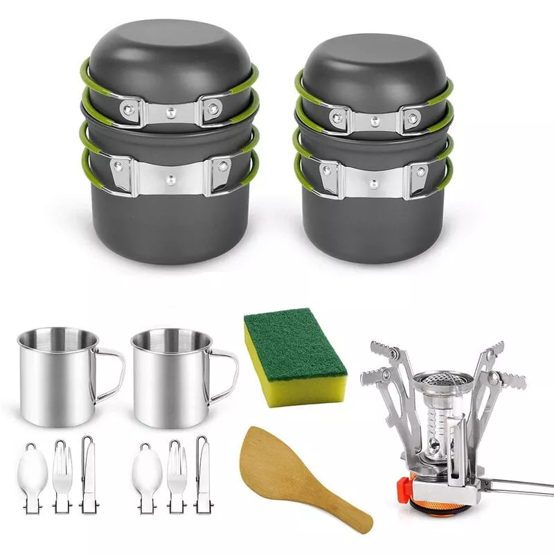 Asupermall - 16 Piezas De Sarten Liviana, Mini Estufa, Taza, Tenedor, Cortador, Cuchara, Kits Para 2 Personas, Utensilios De Cocina Para Acampar, Kit En Oferta Asupermall - 16 Piezas De Sarten Liviana