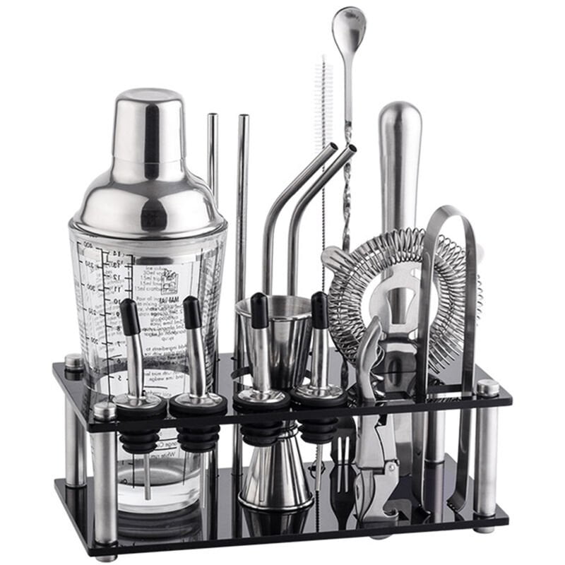 Asupermall - Juego de coctelera de acero inoxidable de 17 piezas con soporte acrilico
