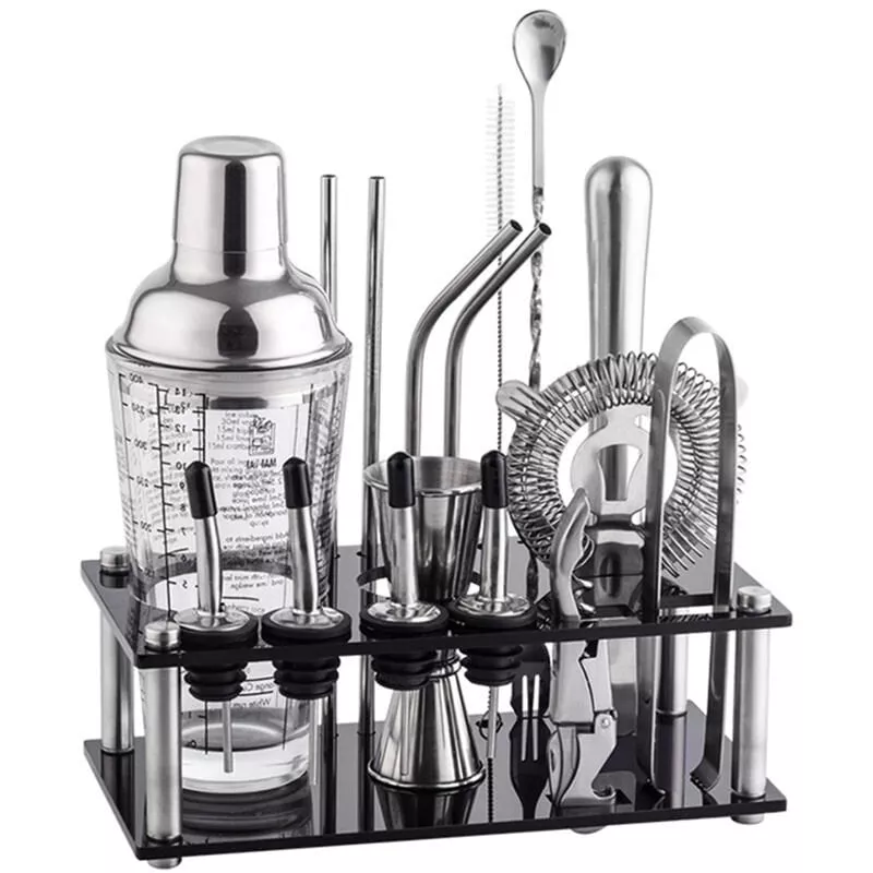 Asupermall - Juego De Coctelera De Acero Inoxidable De 17 Piezas Con Soporte Acrilico, Coctelera Transparente De 13.5 Oz, Coctelera, Colador, En Oferta Asupermall - Juego De Coctelera De Acero Inoxidable De 17 Piezas Con Soporte Acrilico