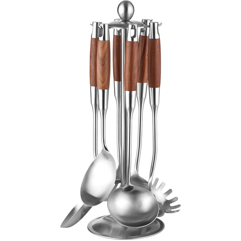Asupermall - Juego de utensilios de cocina de acero inoxidable de 7 piezas con mango de madera