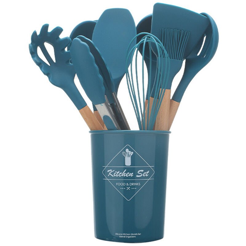 Asupermall - Mango de madera Silicona Utensilios de cocina Juego de 11 piezas Nueve colores Opcional Azul
