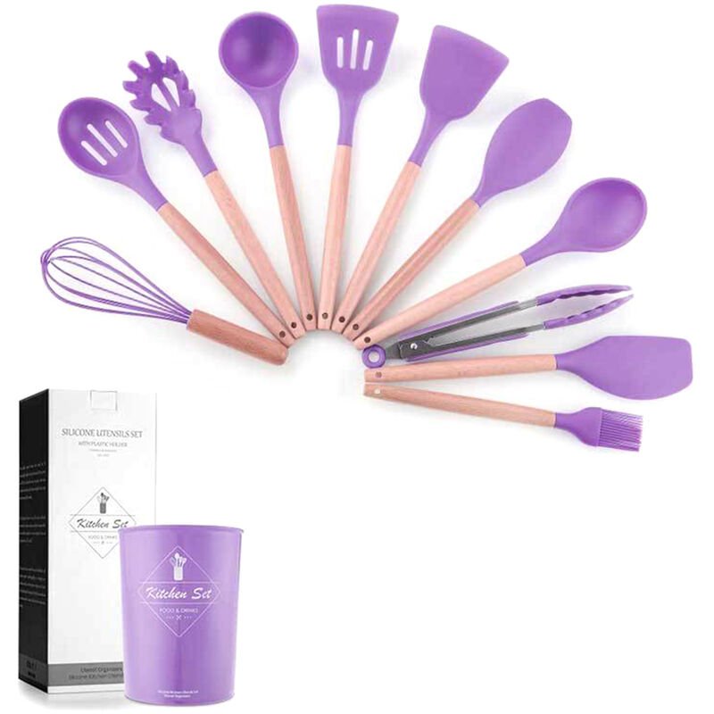 Asupermall - Mango de madera Utensilios de cocina de silicona Juego de 11 piezas Nueve colores Opcional Morado