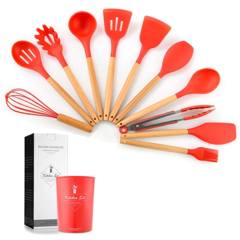 Asupermall - Mango de madera Utensilios de cocina de silicona Juego de 11 piezas Nueve colores Opcional Rojo
