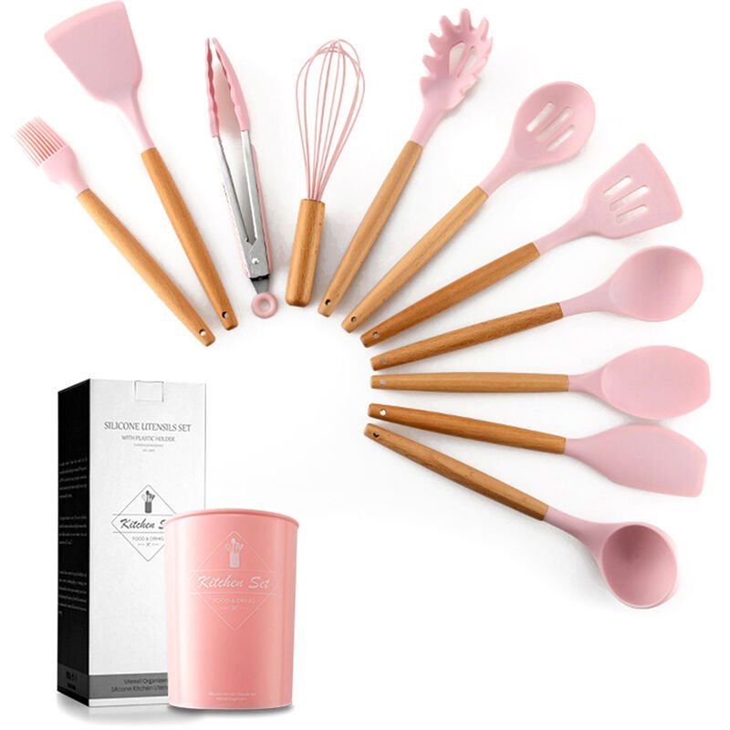Asupermall - Mango de madera Utensilios de cocina de silicona Juego de 11 piezas Nueve colores Opcional Rosa