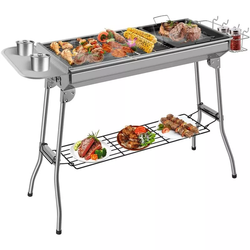 Bamny - Barbacoa De Carbón Portátil, Parrilla De Acero Inoxidable Plegable, Con Sartén Antiadherente Para Jardín, Terraza, Picnic, Camping En Oferta Bamny - Barbacoa De Carbón Portátil