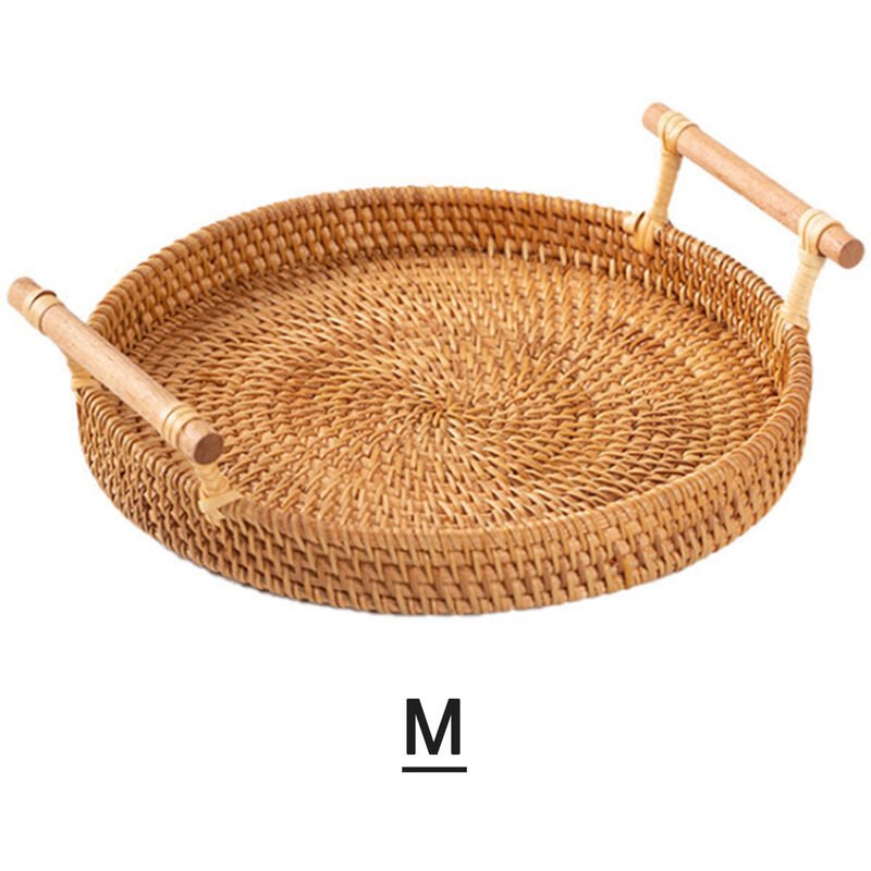 Bandeja de servicio tejida con canasta de pan de ratan redonda con asas para cenas con galletas