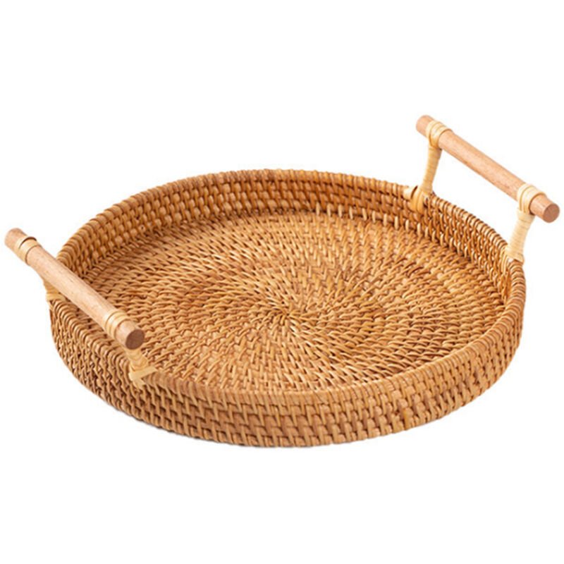 Bandeja de servicio tejida con canasta de pan de ratan redonda con asas para cenas con galletas