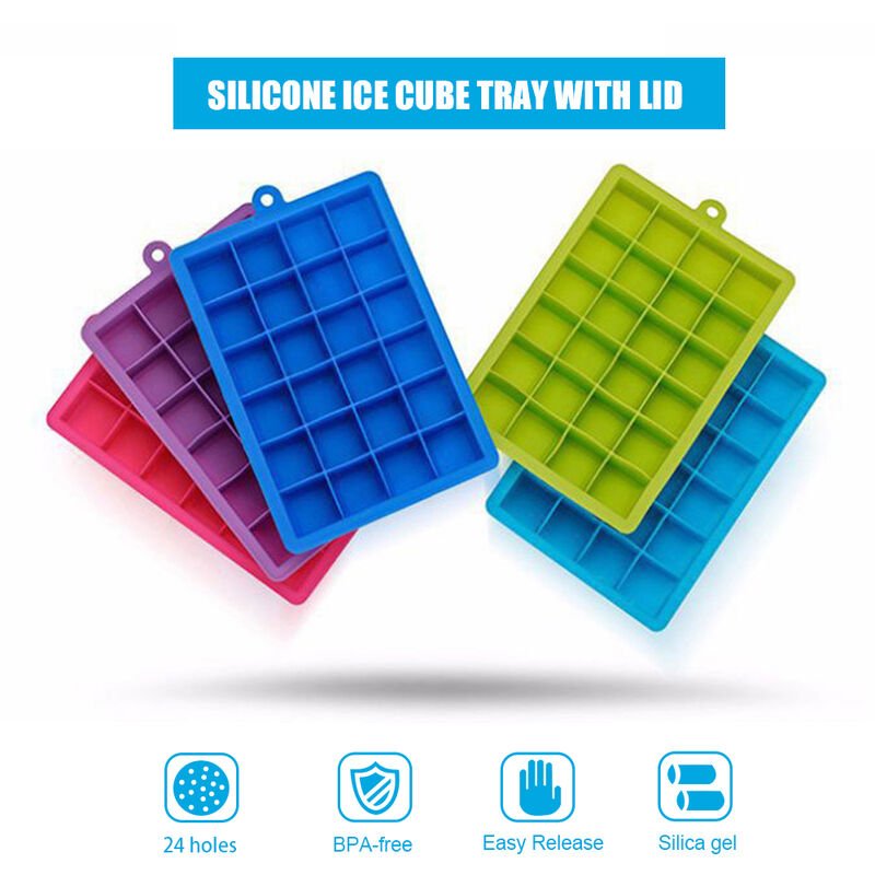 Bandeja de silicona para cubitos de hielo con tapa Molde para hornear de cubitos de hielo cuadrados Sin BPA Facil de liberar para jugo Comida para barato