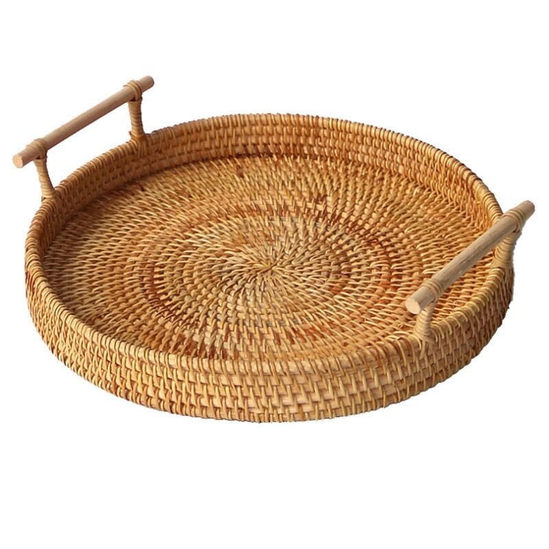Bandejas redondas de ratán tejidas a mano con asas para servir desayuno