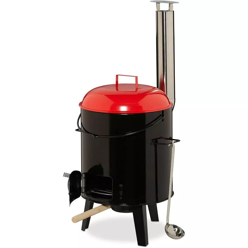 Barbacoa Portátil Con Olla, Esmaltada, Parrilla Con Recipiente Guisos, 14 Litros, Para Acampada, Rojo Y Negro - Relaxdays En Oferta Barbacoa Portátil Con Olla