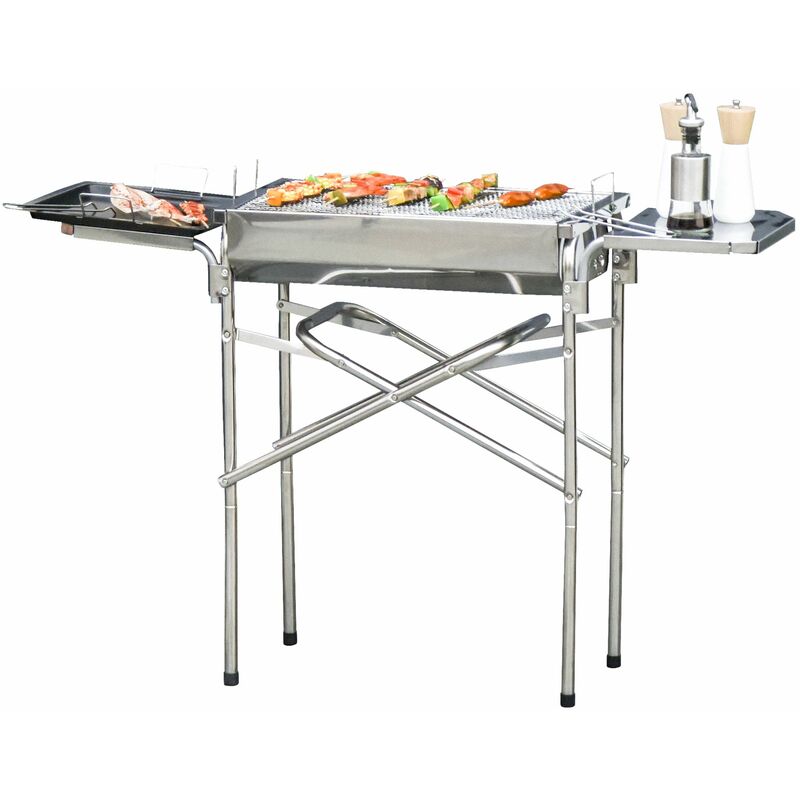 Barbacoa de Carbón Portátil de Acero Inoxidable con 2 Estantes Bandeja y Parillas al Aire Libre para BBQ Camping Senderismo Picnics 104x30x68 cm barato