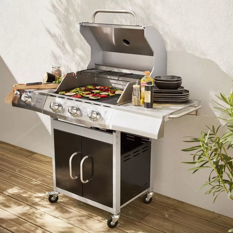 Barbacoa De Gas, Cocina De Exterior, Negro, 3 Quemadores + 1 Fogón - Negro En Oferta Barbacoa De Gas