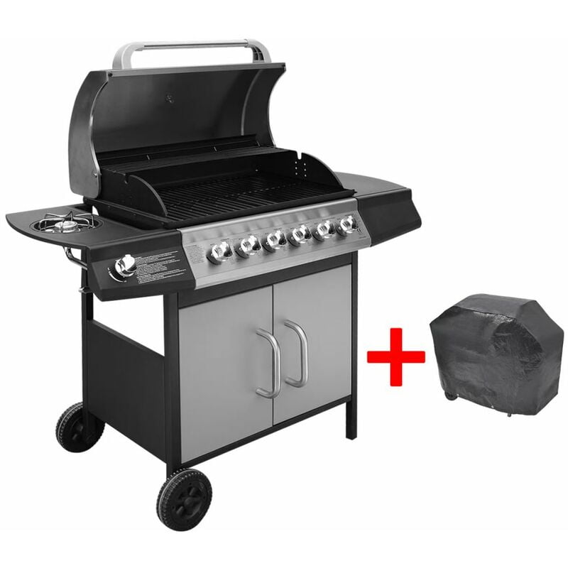 Barbacoa grill de gas 6+1 quemadores negra y plateada barato