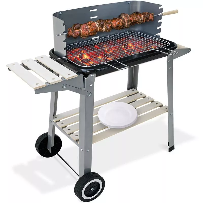 Barbacoa Móvil De Carbón Vegetal Plateado Con 2 Estantes De Madera Y Metal Rejilla Cromada Con Pinchos De Barbacoa - Deuba En Oferta Barbacoa Móvil De Carbón Vegetal Plateado Con 2 Estantes De Madera Y Metal Rejilla Cromada Con Pinchos De Barbacoa - Deuba Barato