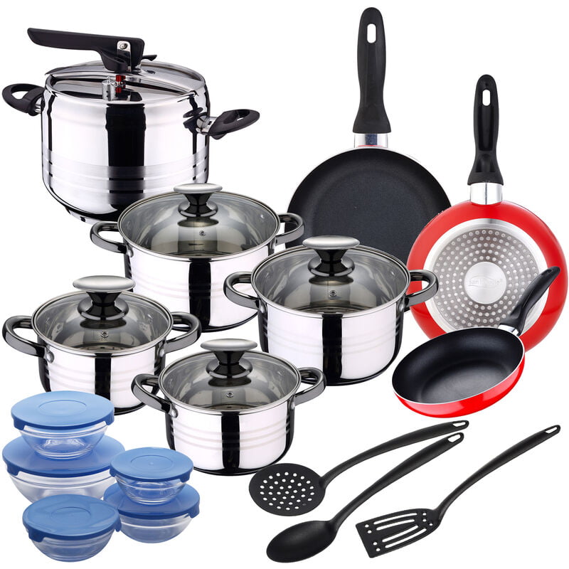 Bateria 8pc acero inoxidable + Olla a presion 5l acero inoxidable + Set 3pcs Utensilios de cocina en nylon + Juego de 3 sartenes 16/20/24 cm + Set 5p barato