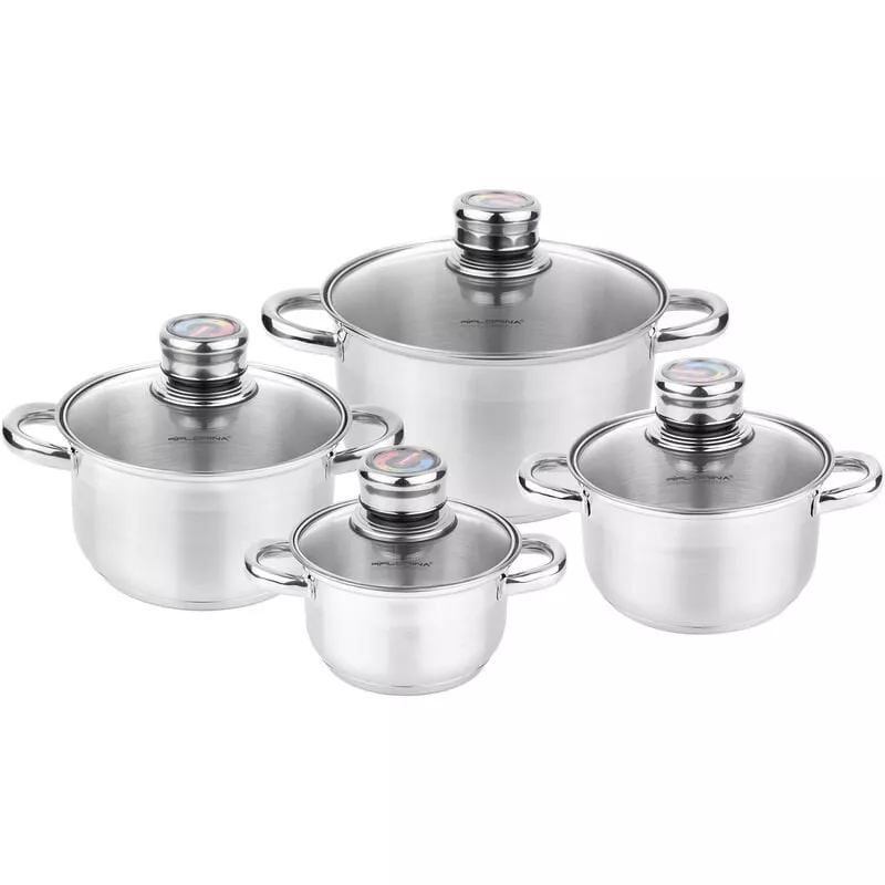 Batería De Cocina Acero Inoxidable, 8 Piezas, Inducción, Tapas Cristal, Todo Tipo De Cocinas Acero Inoxidable - Florina En Oferta Batería De Cocina Acero Inoxidable