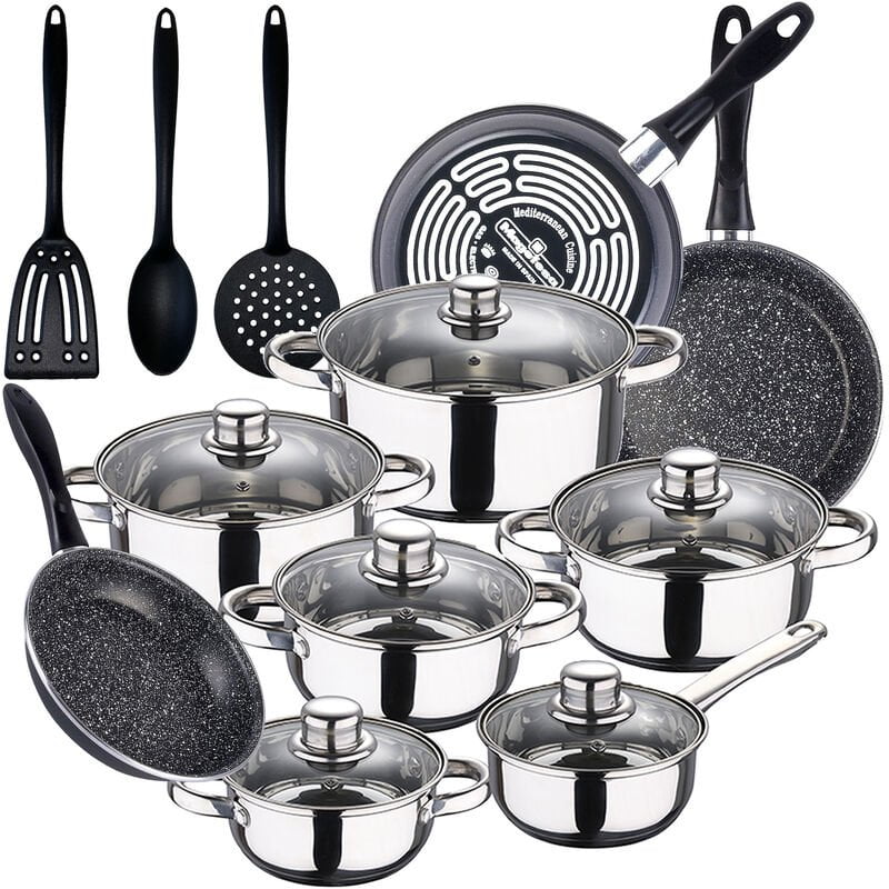 Bateria de cocina 12 piezas SAN IGNACIO Cassel en acero inoxidable con juego de sartenes (18/20/24 cm) MAGEFESA K2 Gransasso en acero esmaltado y set barato
