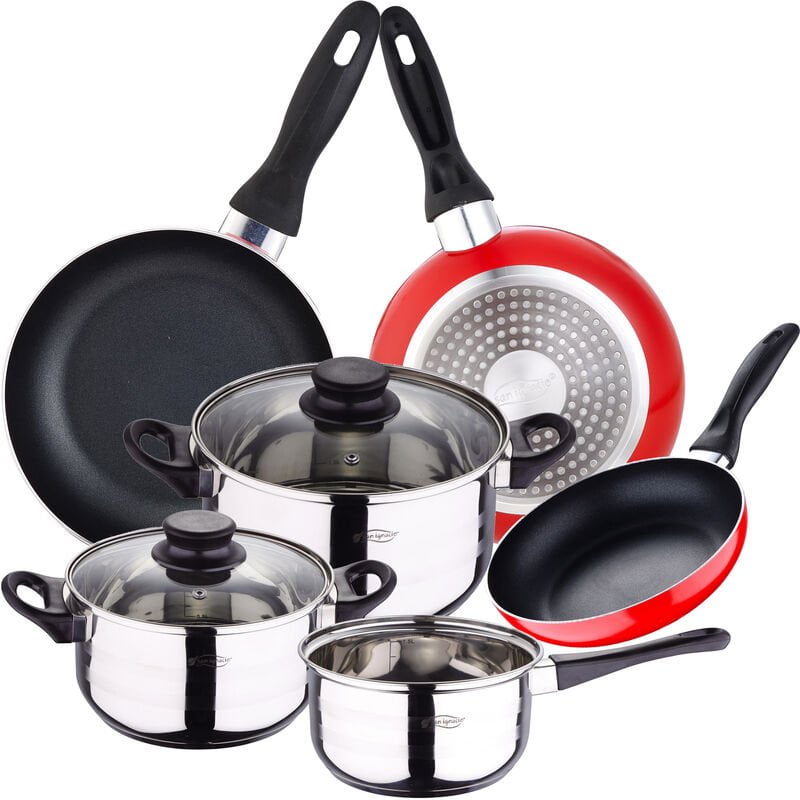 Batería de cocina 5 piezas acero inoxidable y set 3pcs sartenes 16/20/24 rojo