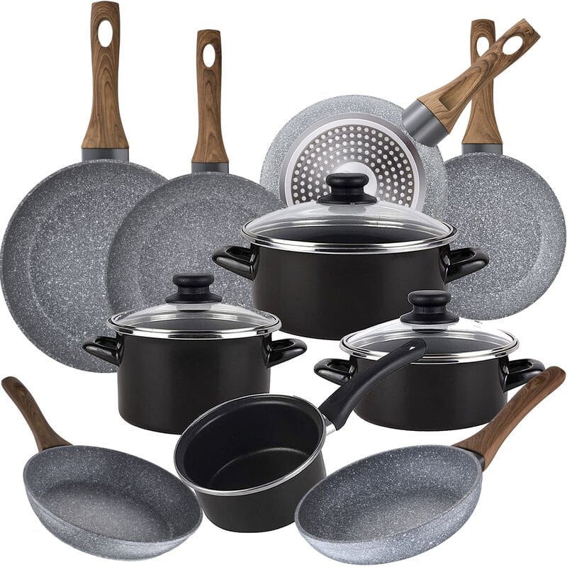 Bateria de cocina 7 piezas de acero vitrificado con juego de sartenes (18/20/22/24/26/28 cm) SAN IGNACIO Daimiel en aluminio forjado - Magefesa barato