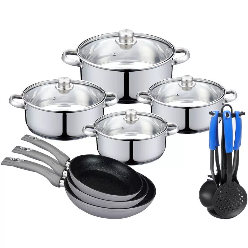 Batería De Cocina: 8 Piezas En Acero Inoxidable: Ø24, Ø26, Ø28 Y Ø30, Con Tapas De Vidrio + 3 Sartenes Redondas, En Aluminio Forjado : Ø20 Ø24 Y Ø28 C En Oferta Batería De Cocina: 8 Piezas En Acero Inoxidable: Ø24