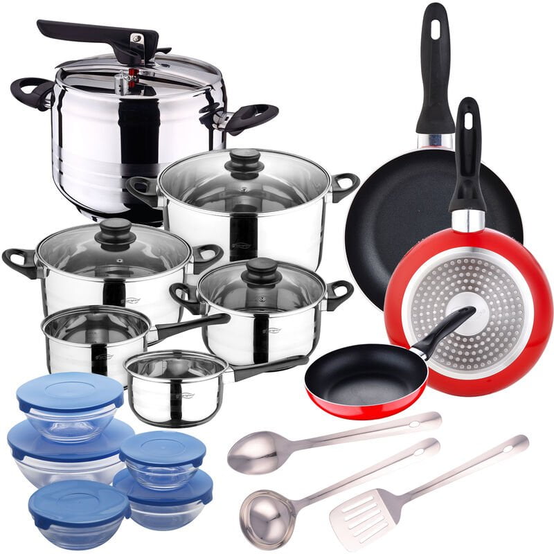 Batería de cocina de 8 piezas + Olla a presión 5l acero inoxidable + Set 3pcs Utensilios de cocina en Acero Inoxidable + Juego de 3 sartenes 16/20/24 barato