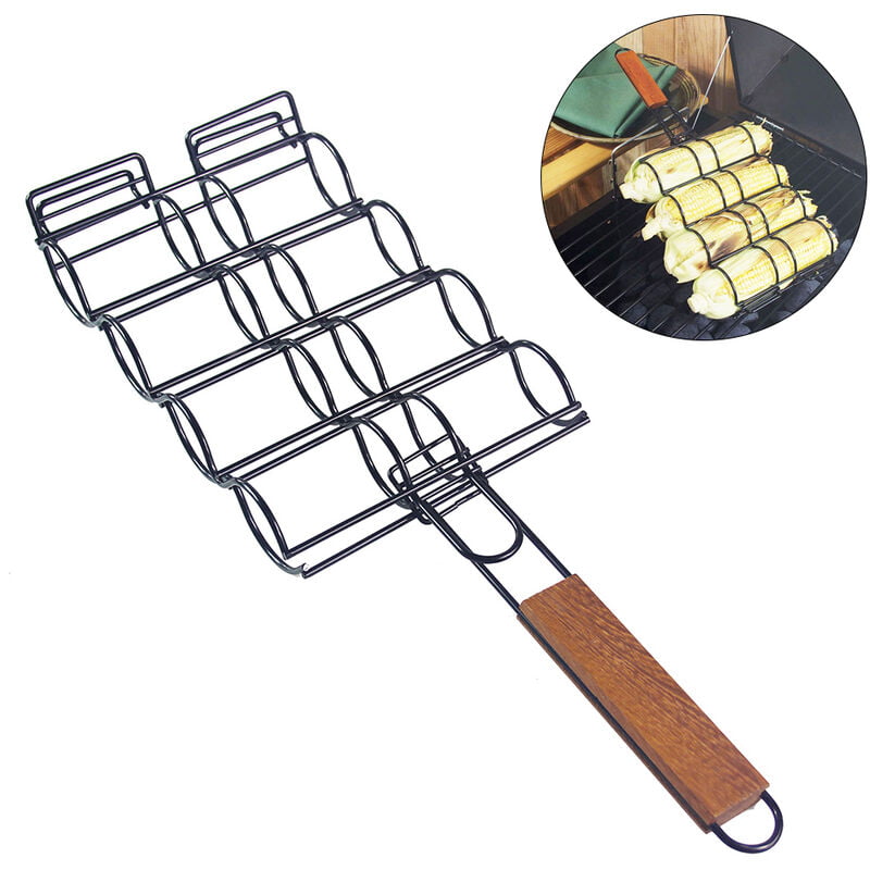 Canasta para parrilla de maiz Soporte de metal para parrilla para parrilla Mango de madera Barbacoa Canasta para parrilla de maiz ajustable barato