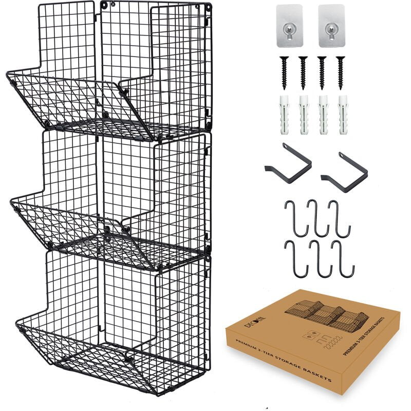 Cesta de alambre montada en la pared Cesta de frutas de alambre de hierro de 3 niveles Rustica para colgar en estantes de almacenamiento sobre la barato