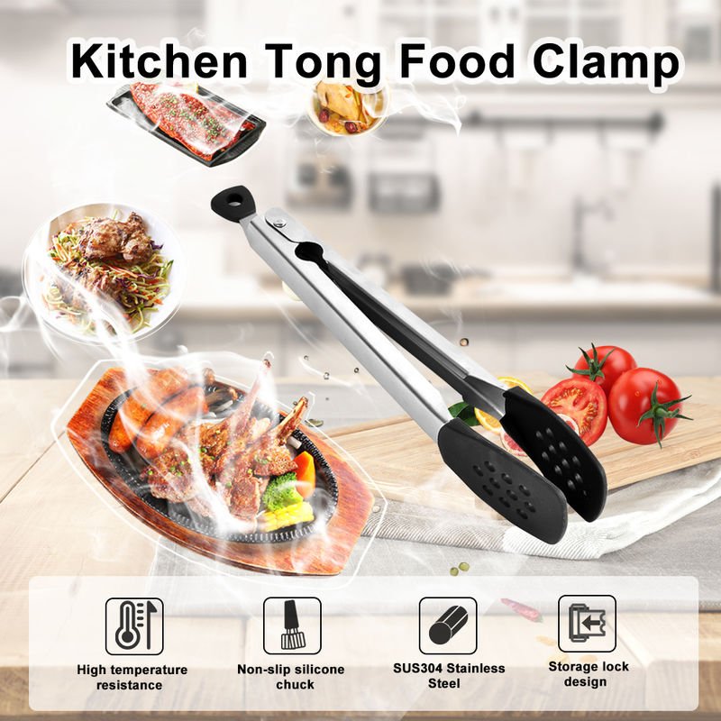 Cocina de acero inoxidable Tong Alimentos abrazadera robusta para trabajo pesado Silica Gel Chuck Tong La parrilla para cocinar la barbacoa
