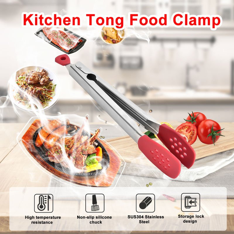 Cocina de acero inoxidable Tong Alimentos abrazadera robusta para trabajo pesado Silica Gel Chuck Tong La parrilla para cocinar la barbacoa