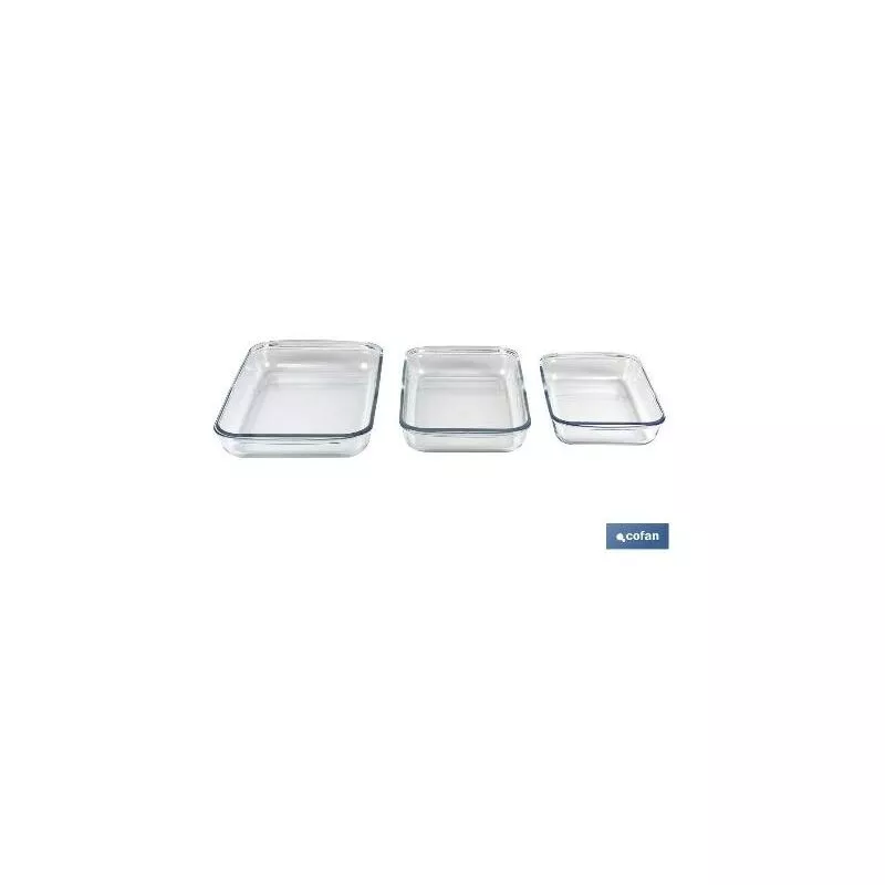 Cofan - PLIMPO set de 3 fuentes rectangulares de vidrio borosilicato modelo baritina 1600ml-2200ml-3000ml barato