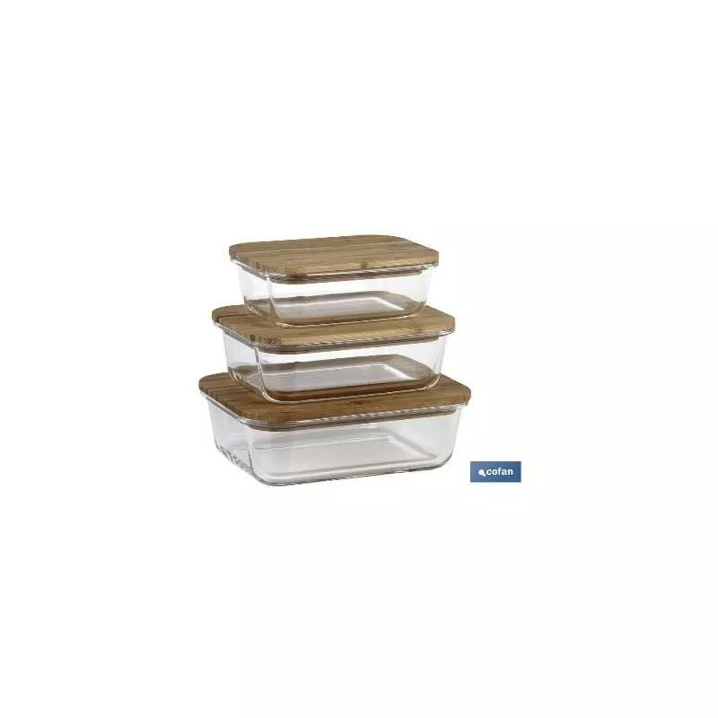 Cofan - PLIMPO set de 3 recipientes de borosilicato con tapa de bambú modelo panda 640 ml-1040 ml -1520 ml barato