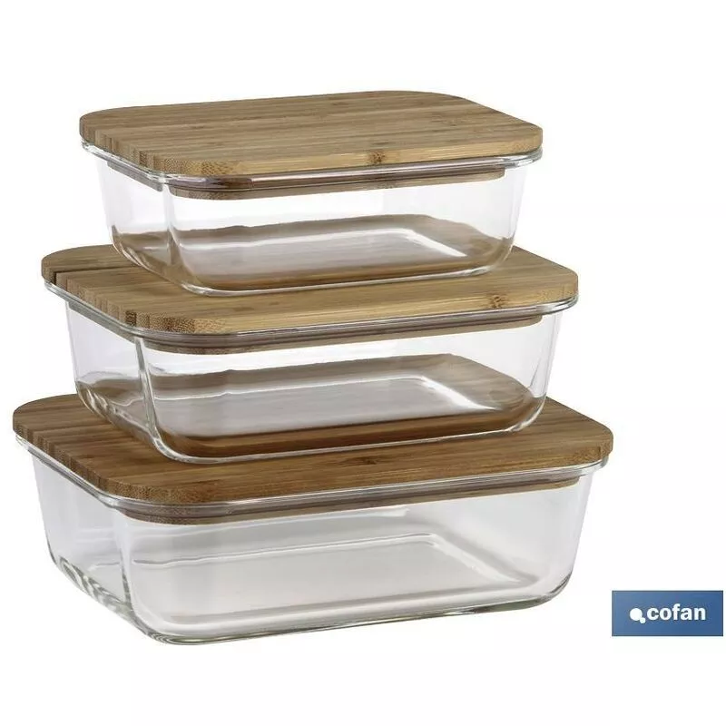 Cofan - Set de 3 Fiambreras rectangulares de borosilicato Modelo Bambú I Tapa de Bambú I Capacidad 640-1040-1520 ml barato