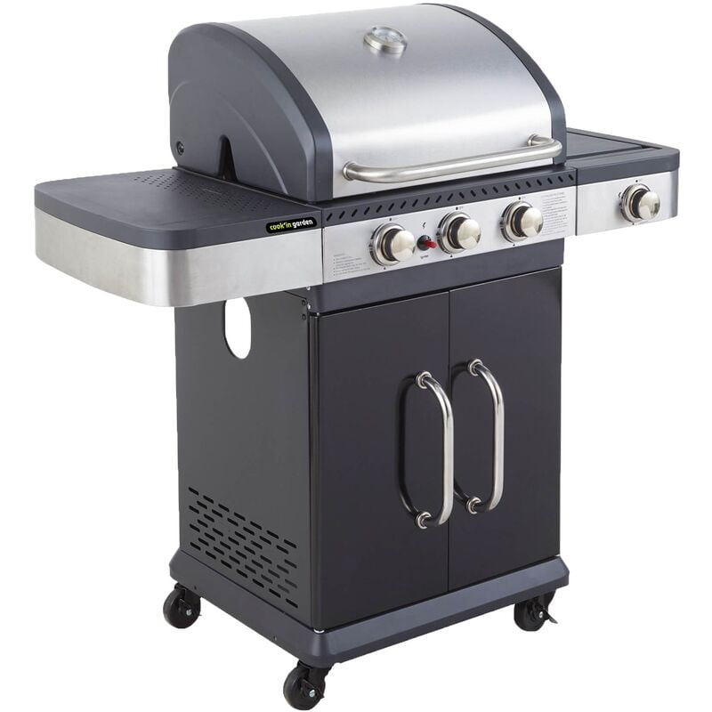 Cook'in Garden - Barbacoa de gas 2 en 1 Fidgi - Barbacoa de gas y plancha de gas - 3 Quemadores - Cubierta con termómetro - Potencia 11