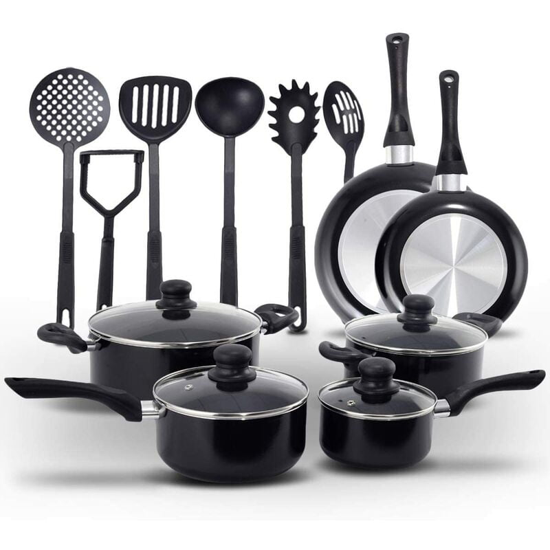 Costway - Juego de 16 Piezas Utensillos de Cocina con Revestimiento Antiadherente Batería de Cocina con Cacerolas